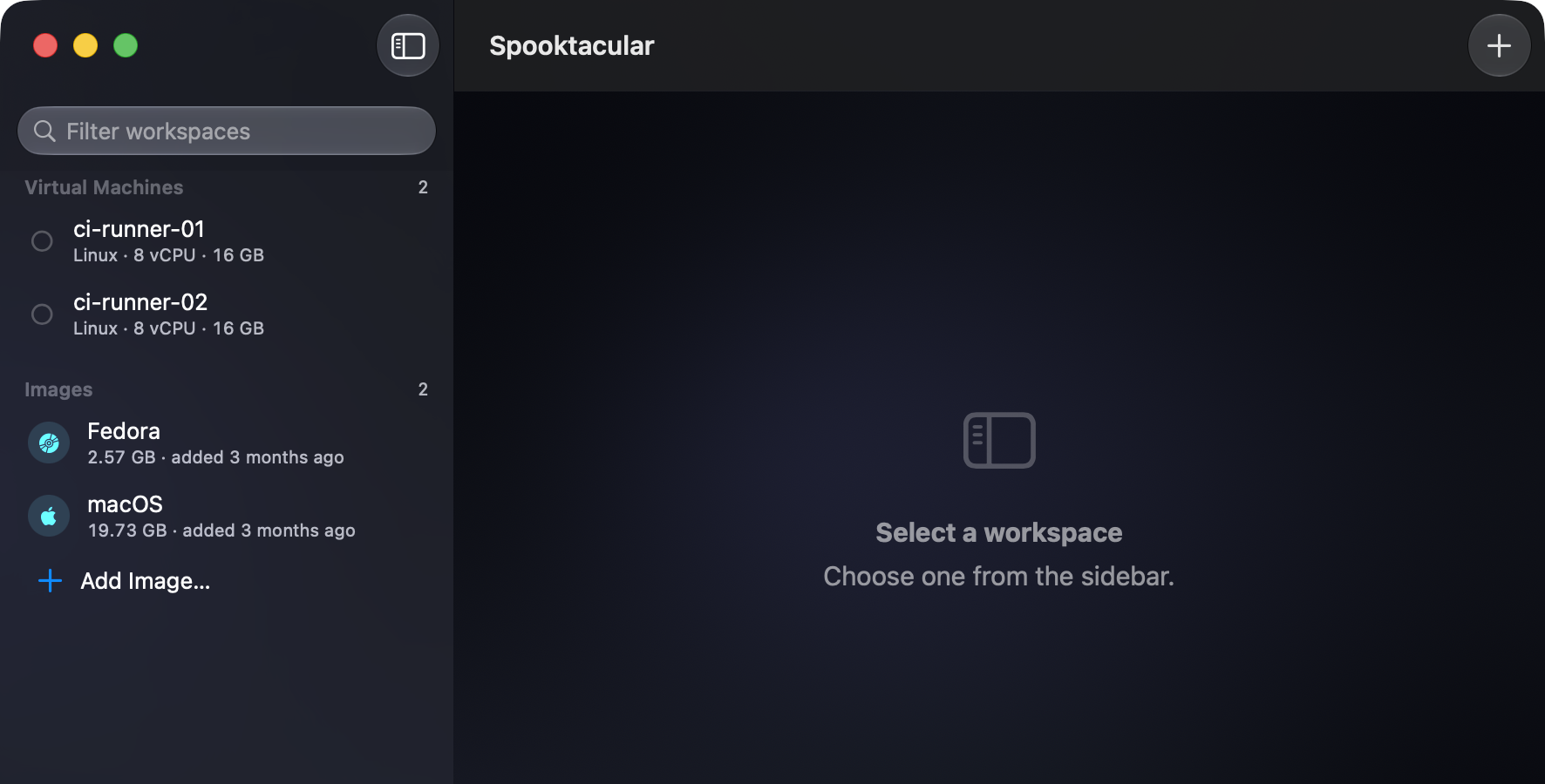 The Spooktacular Mac app: a sidebar listing two Linux virtual machines with their vCPU and memory allocations, above the downloaded Fedora and macOS images.